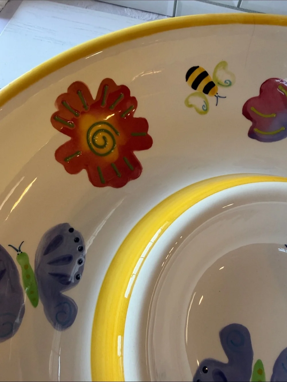 Colorful Floral & Bug Ceramic Chip and Dip Bowl - Yellow Trim